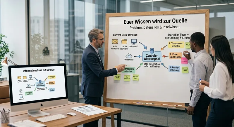 Team am Whiteboard: aus verstreutem Wissen wird ein zentraler Wissenspool